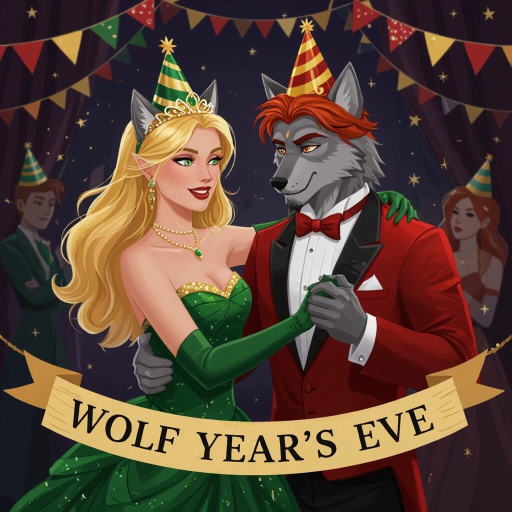 A New Year's Eve formal with wolfish party hats and "Wolf Ye...