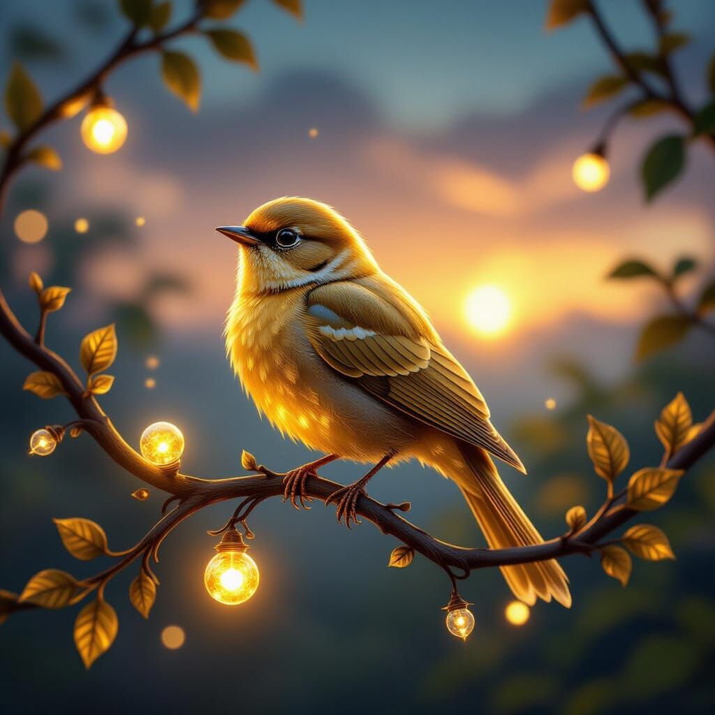 Golden Gemstone Bird on Amber Branch in Magical Twilight