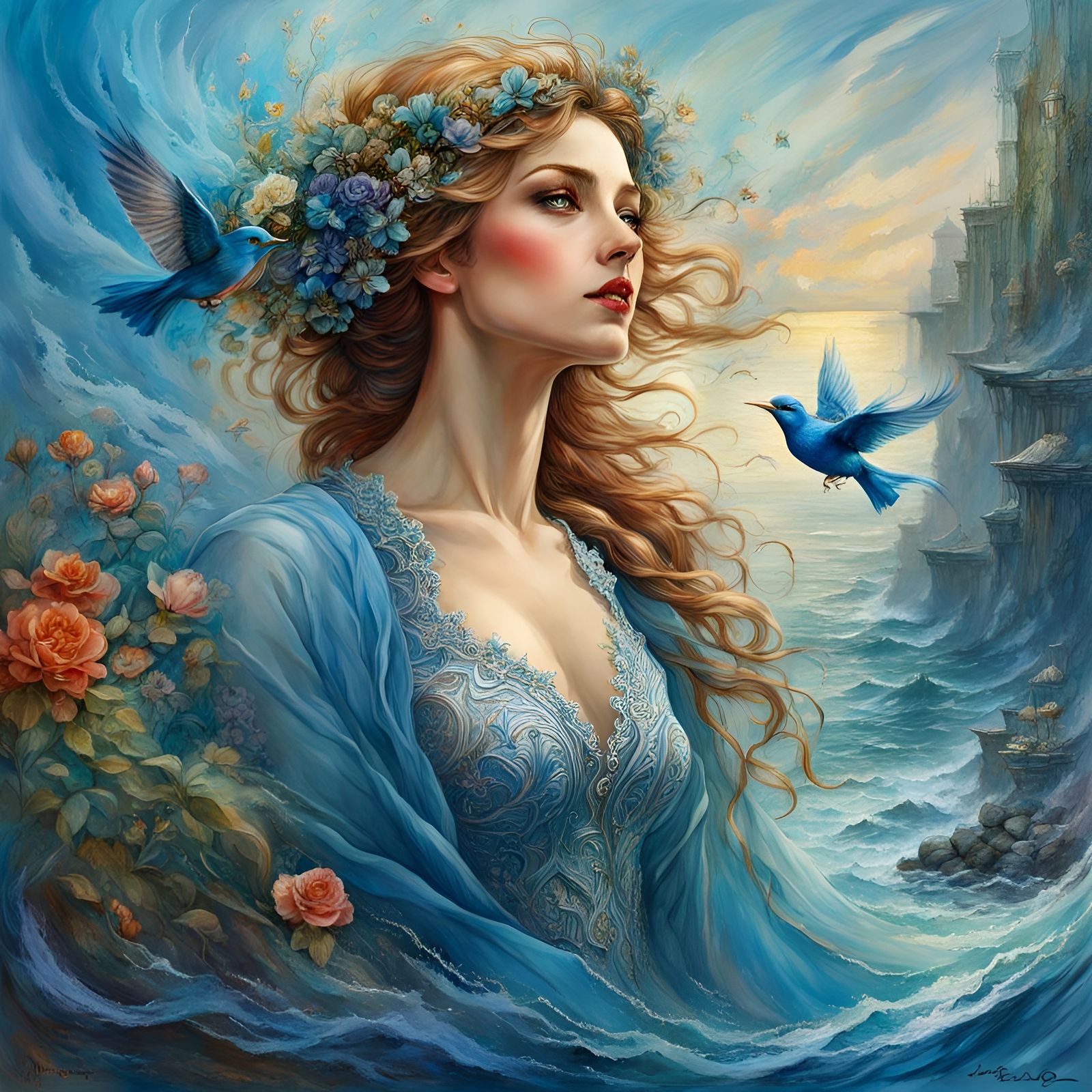 Bluebirds and Waves: Watercolor Art Nouveau Rococo Scene