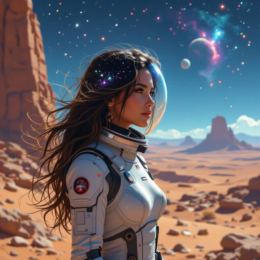 Astronaut Woman Exploring Desert Ruins in Cosmic Style
