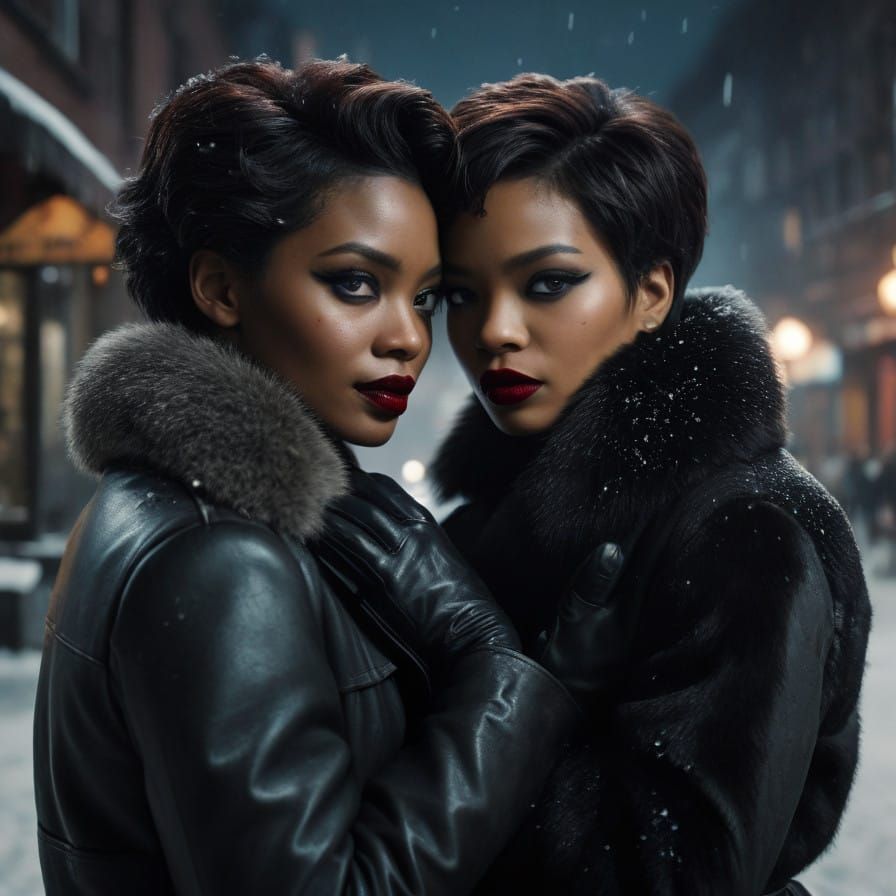 Midnight Winter Embrace in Snowy City