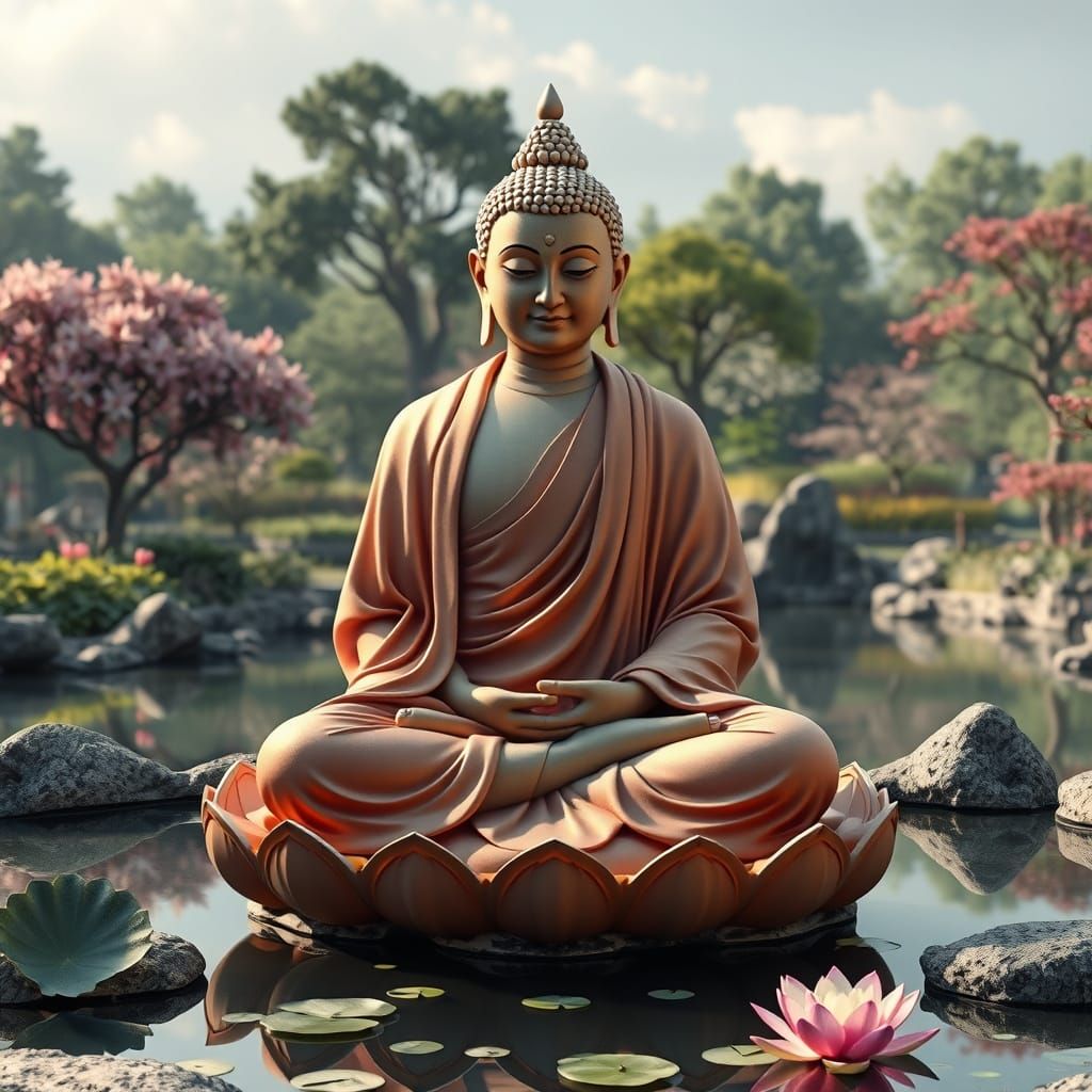 Buddha in Serene Meditation, Hands in Lotus Position, Surrou...