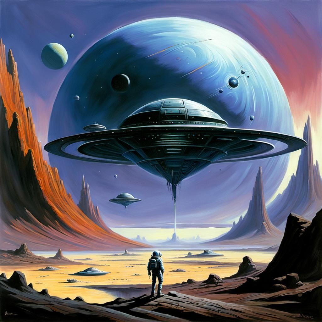 Explorer on Alien Planet in Retrofuturistic Style