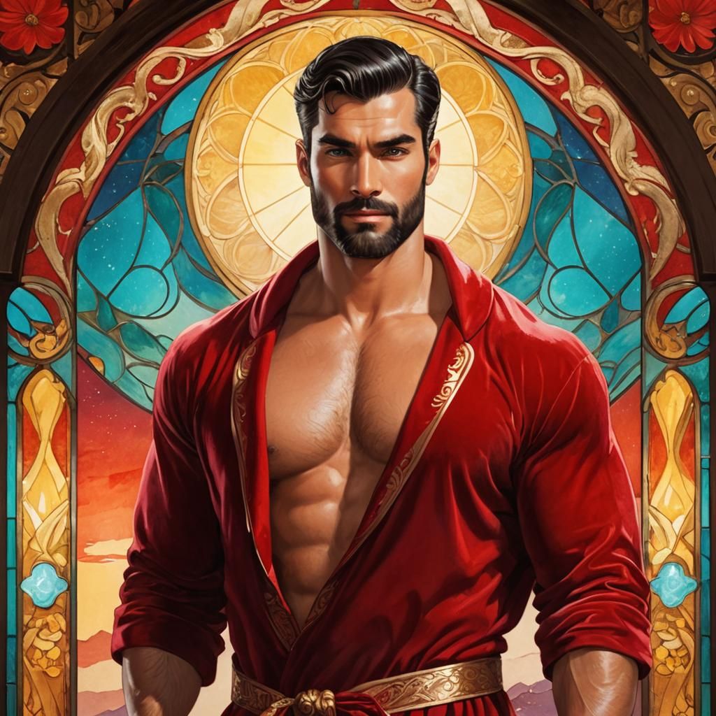 Radiant Hunk in Red Velvet Robe: Art Nouveau Portrait