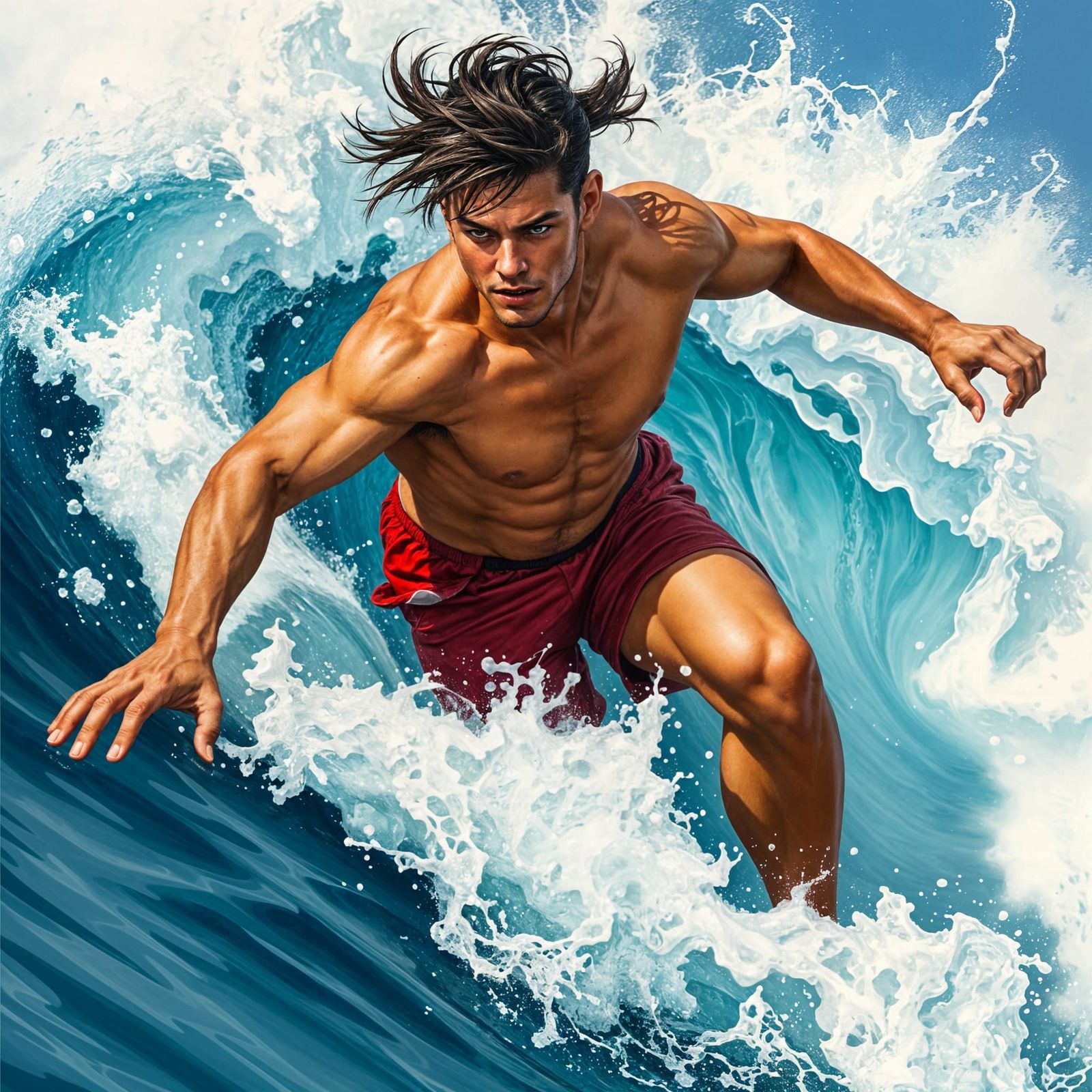 Surfer in Realistic Tattoo Style Riding a Wave