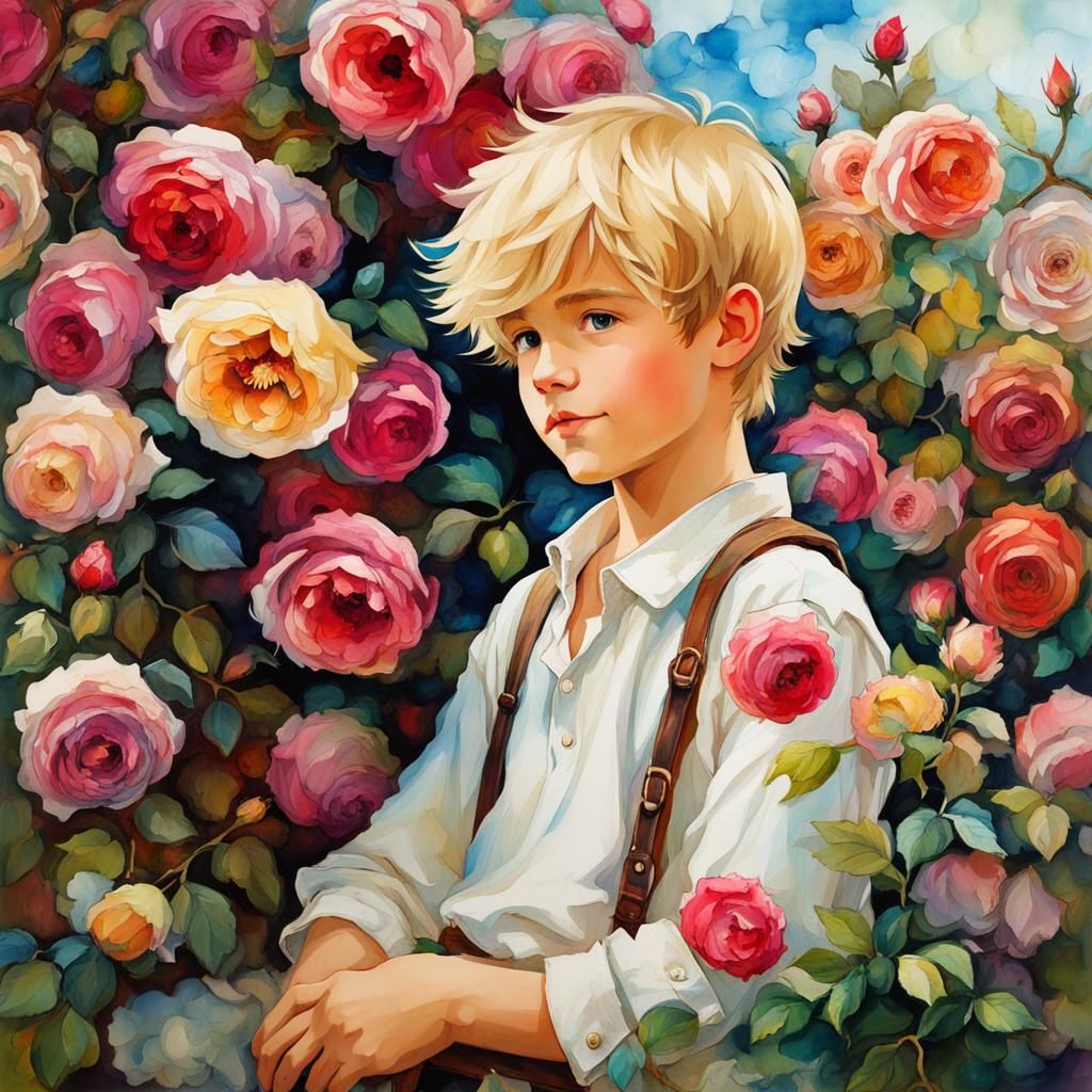 Blond Boy in Rose Garden, Waterhouse Style