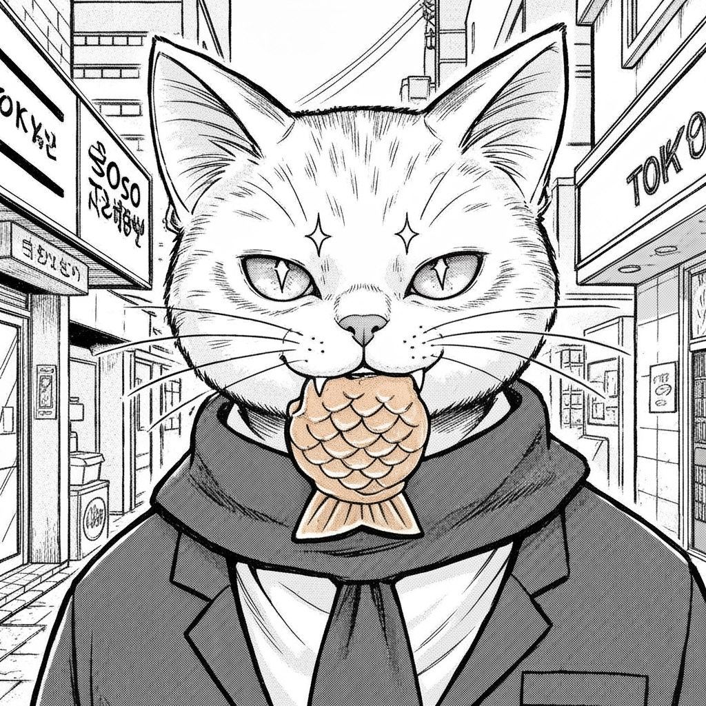 Boss Cat with Taiyaki in Tokyo Alley, Cell Shaded Manga Styl...