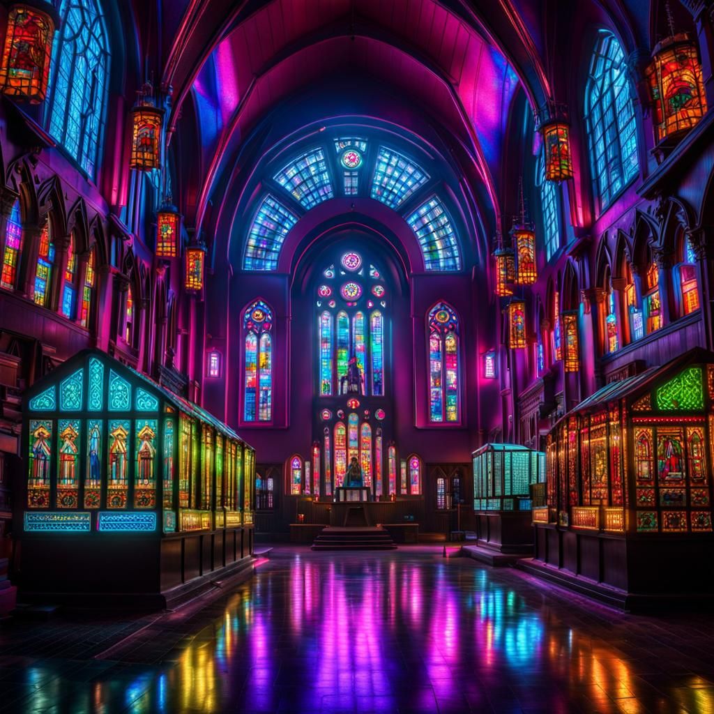 Cyberpunk Church in Neon Haze