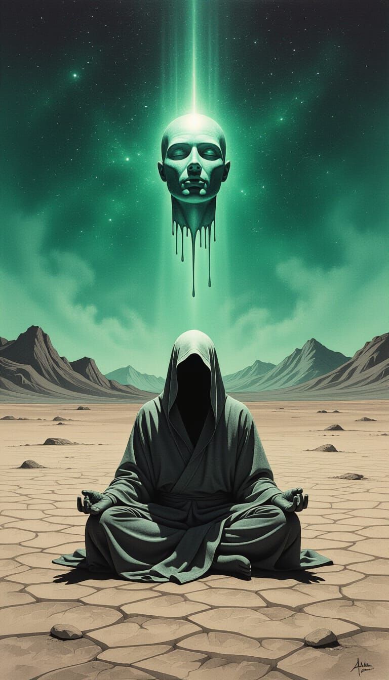 Surreal Meditative Figure in Cosmic Desert Charcoal Drawing