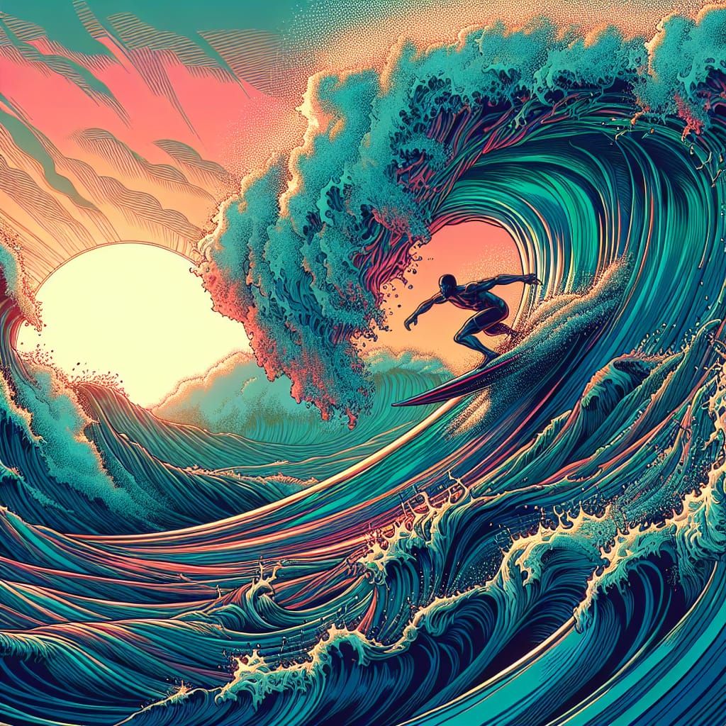 Surfer Rides Colossal Wave: Comic Book Style Illustration