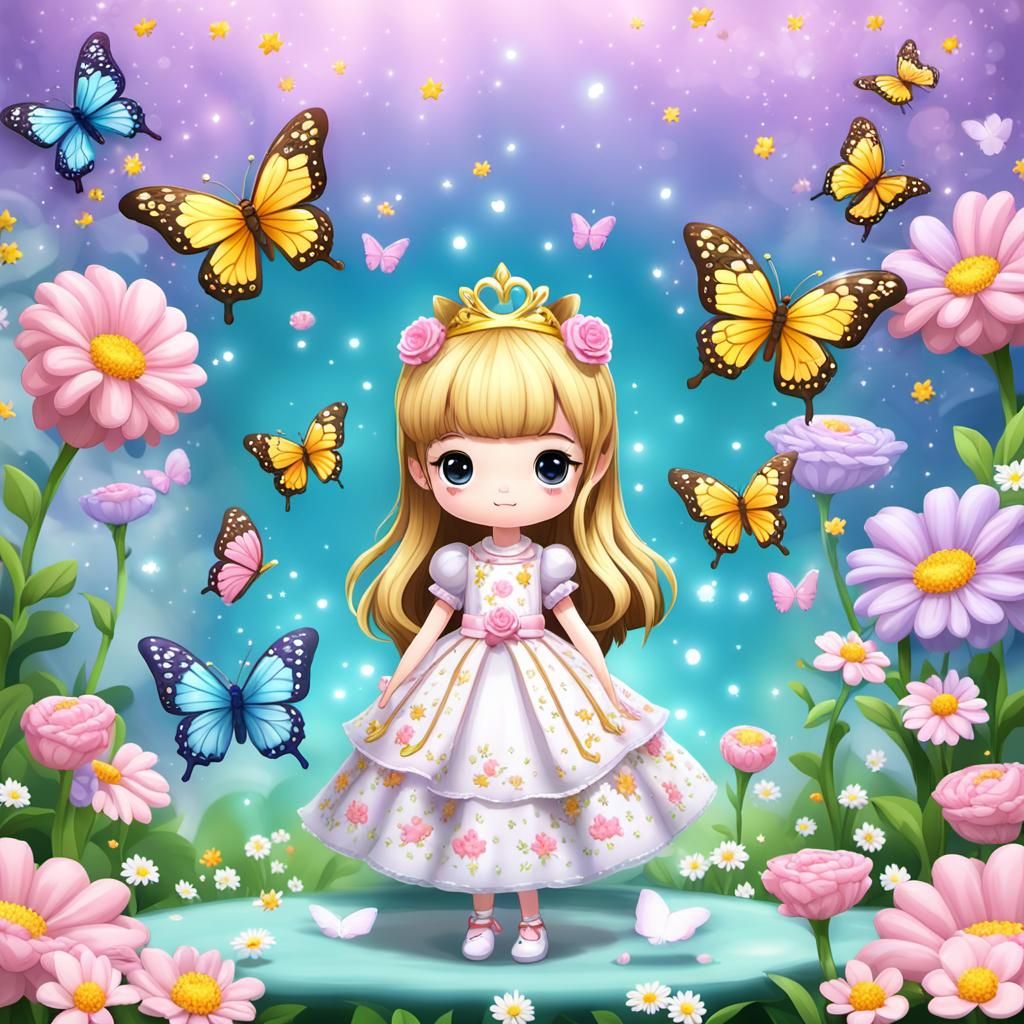 Kawaii Princess with Butterflies and Gold Name