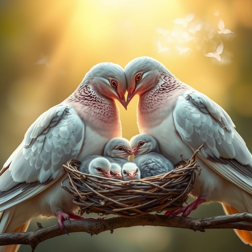 Tender Dove Couple with Chirping Babies in Delicate Twig Cra...