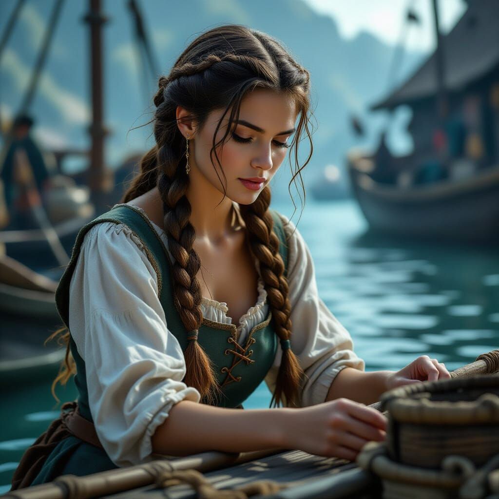 Medieval Fisherwoman With Brown Braided Hair