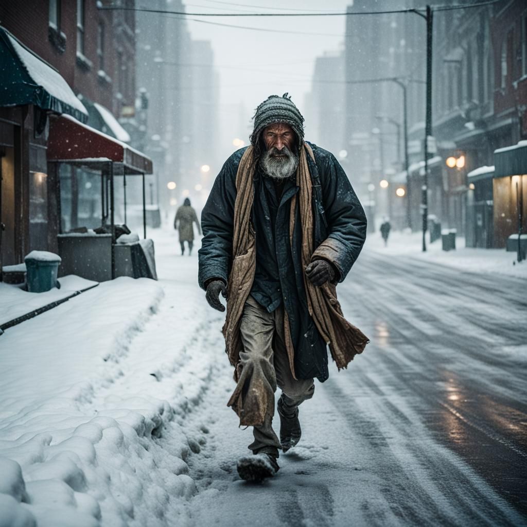 Barefoot Man Walks Through Blizzard: Cinematic Film Still