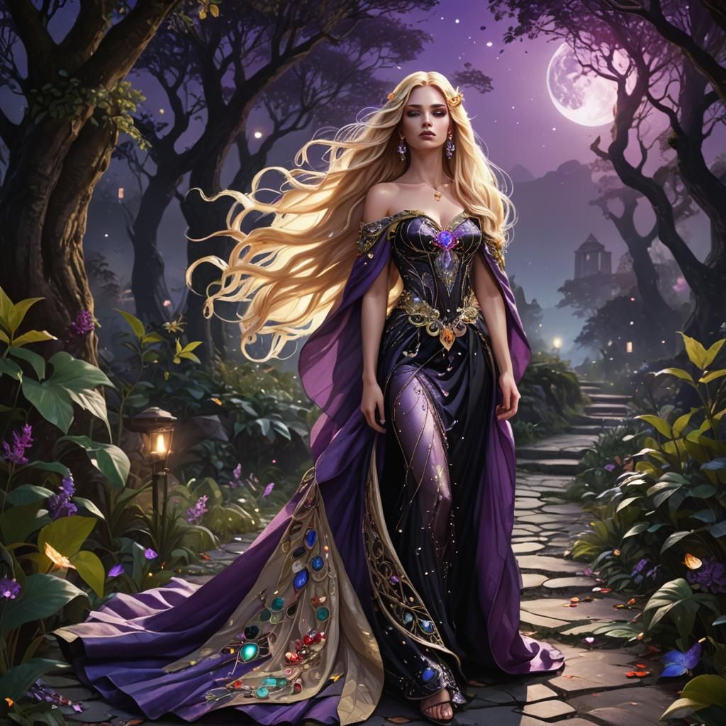 Gemstone Goddess in Moonlight: Fantasy Realism Art