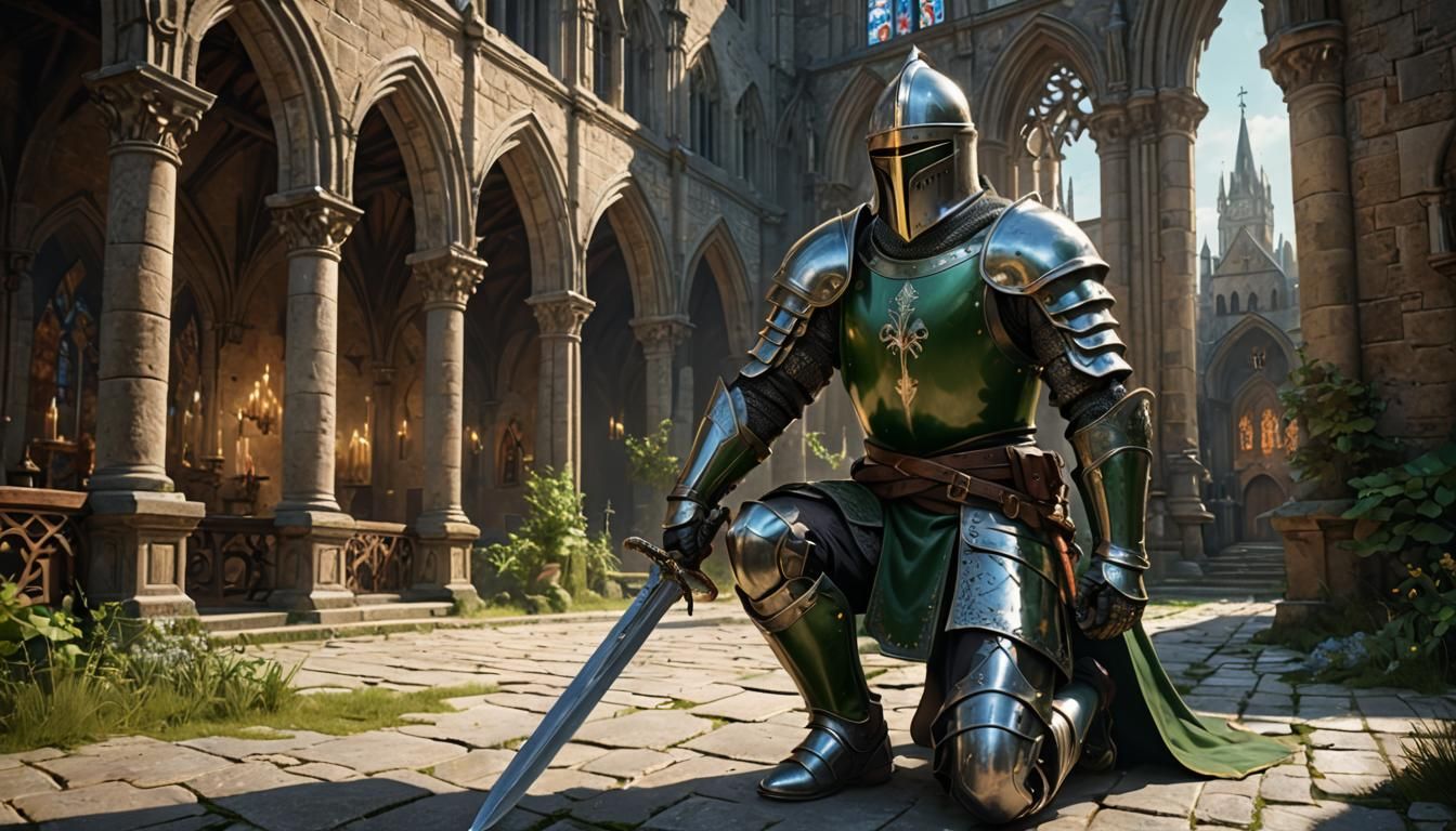 Knight in Green Armor Kneeling in Church