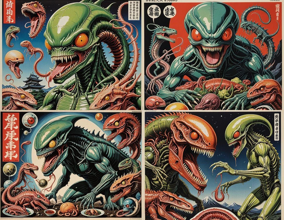 Bizarre Cyberpunk Alien Horror Poster in Surrealist Style