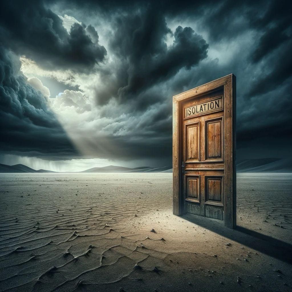 Isolated Door in Barren Landscape with Ominous Sky