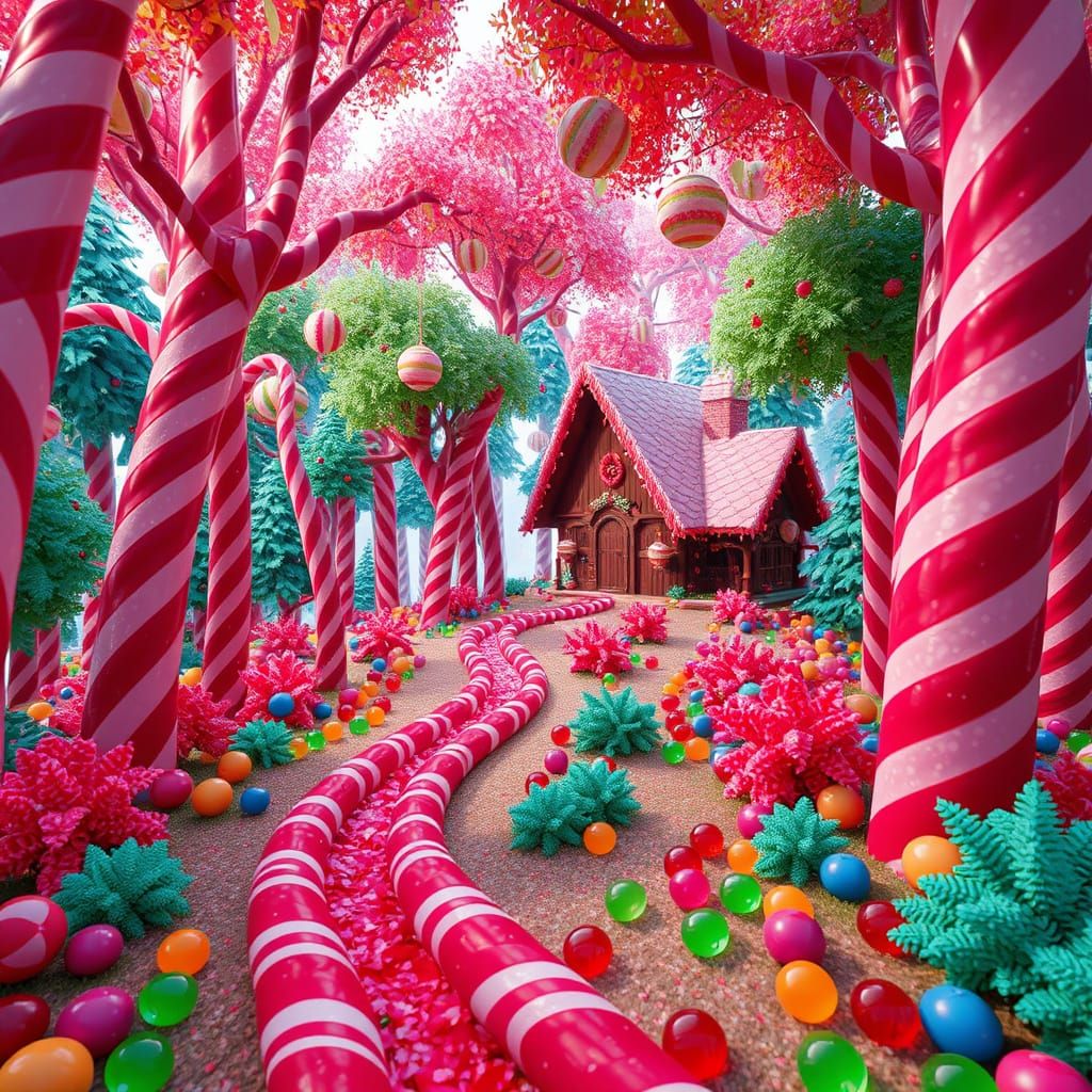 Candy Cane Forest with Gummy Leaves and Licorice Path