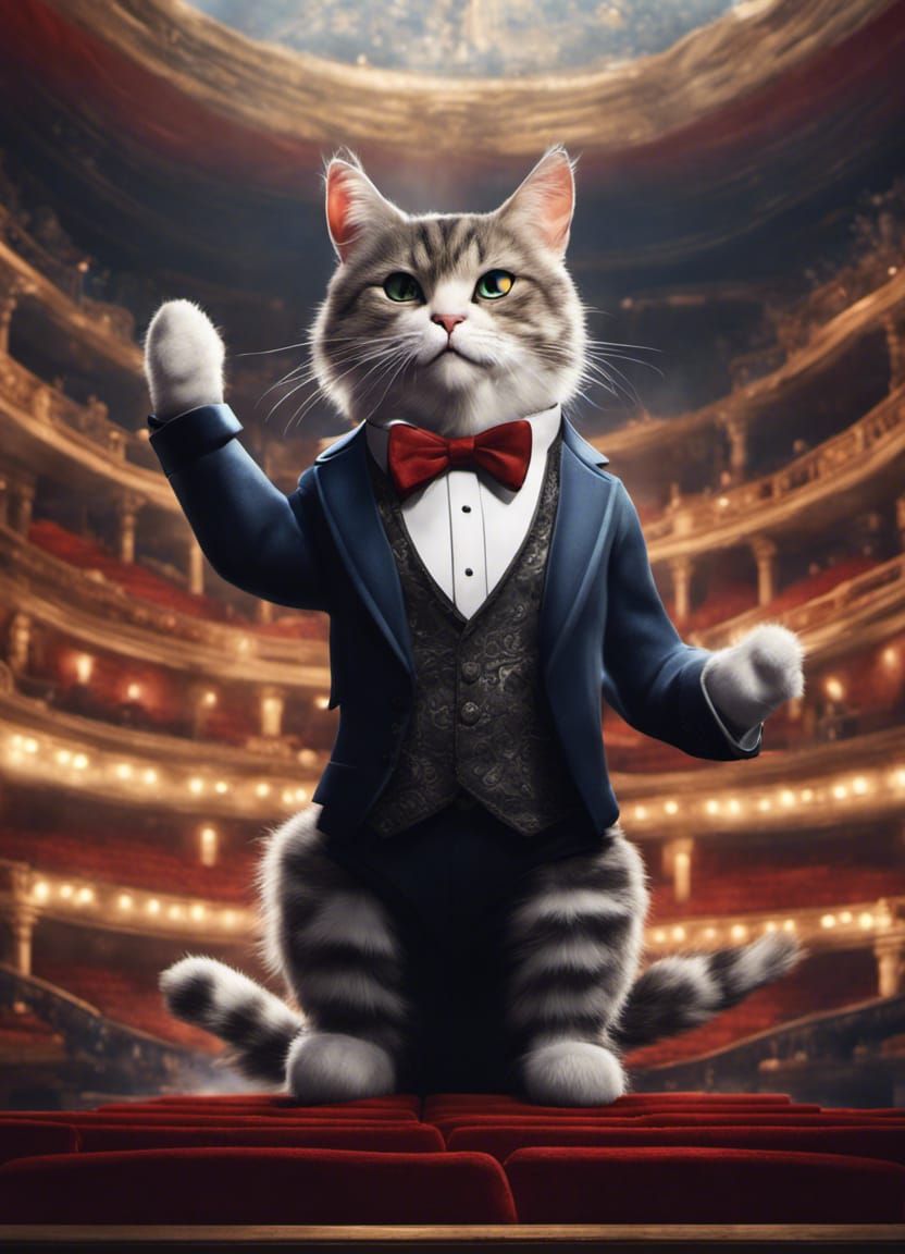 Tabby conducting a symphony orchestra at an opera house