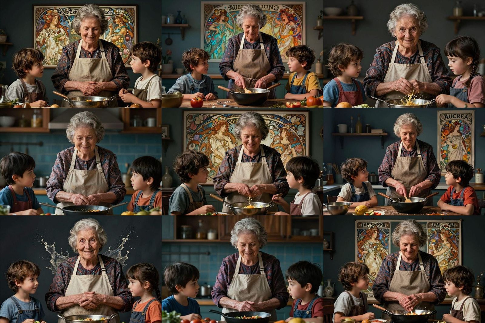 Grandma and Kids Cooking Together in Hyperrealistic Portrait
