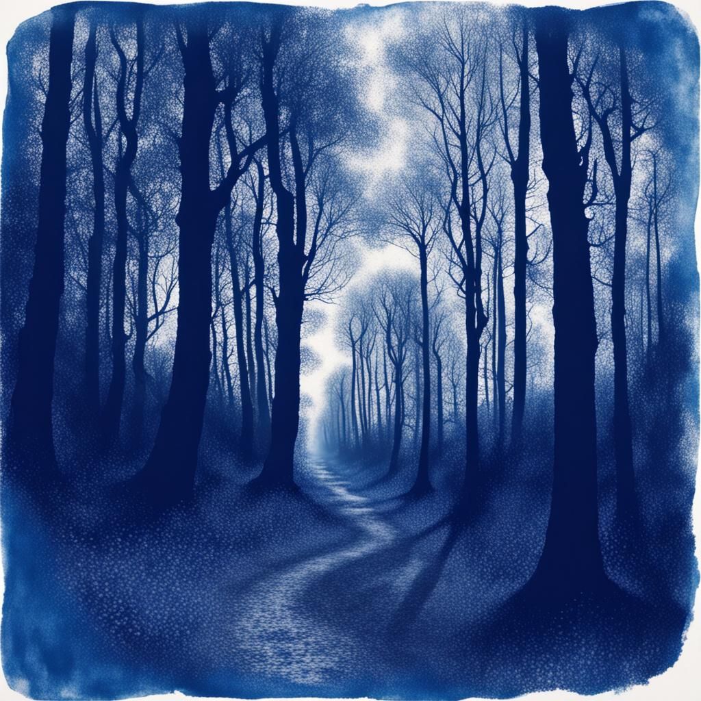 Cyanotype Forest Path in Prussian Blue