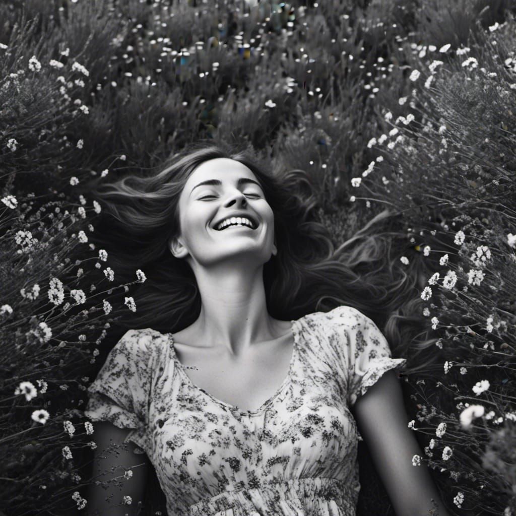 Woman in Wildflower Field, Black and White Photography