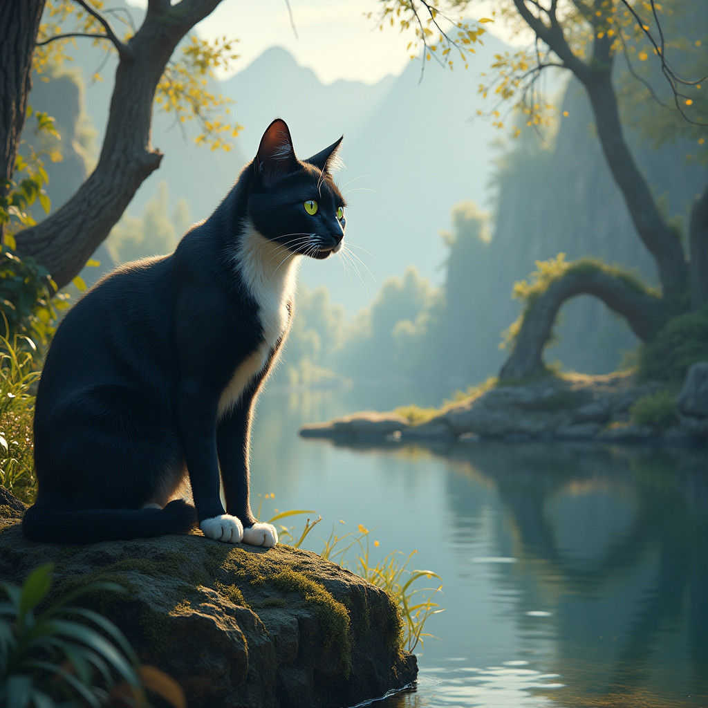 Mystical Black Cat Gazing Across Serene Lake