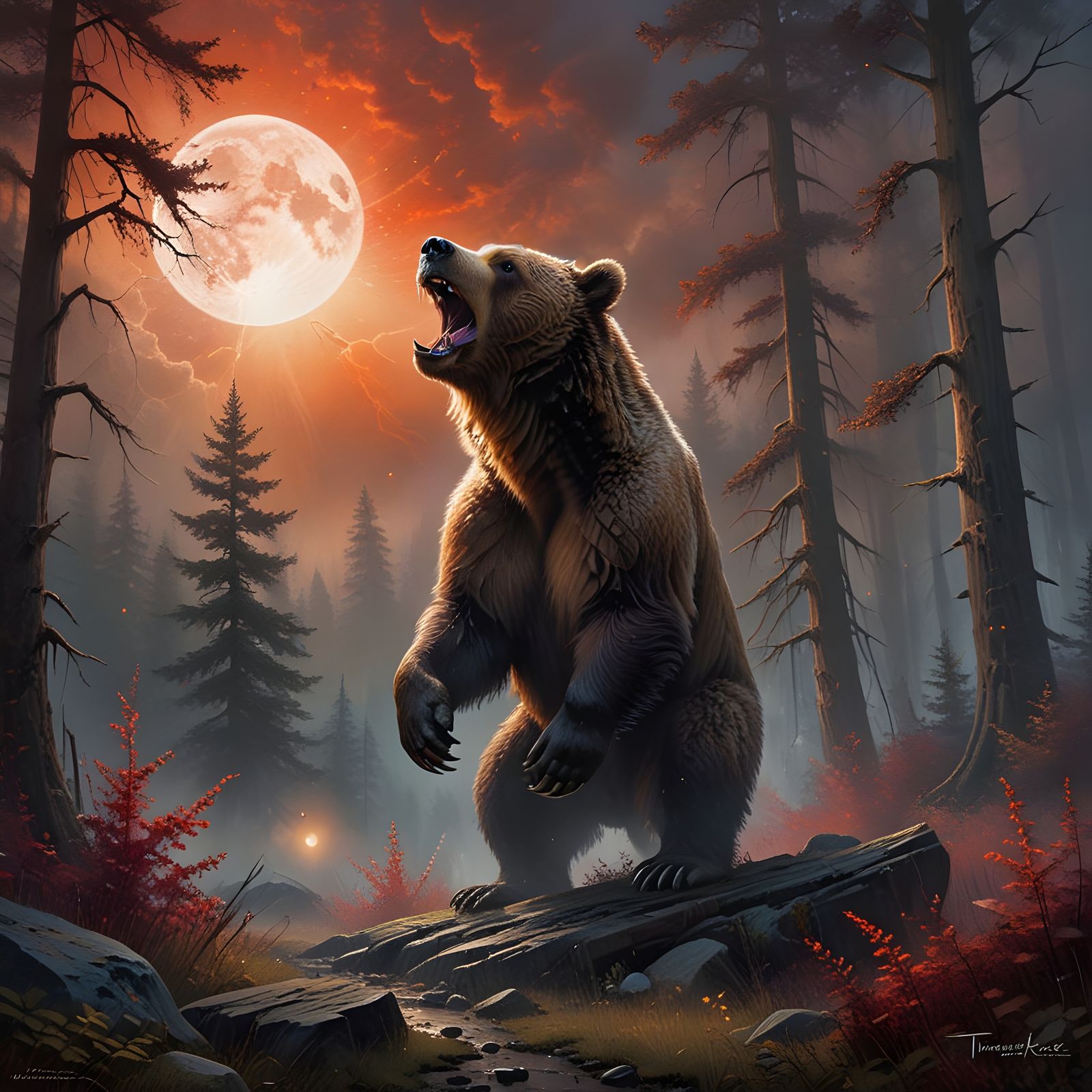Surreal Bear Roars at Full Moon in Fiery Landscape