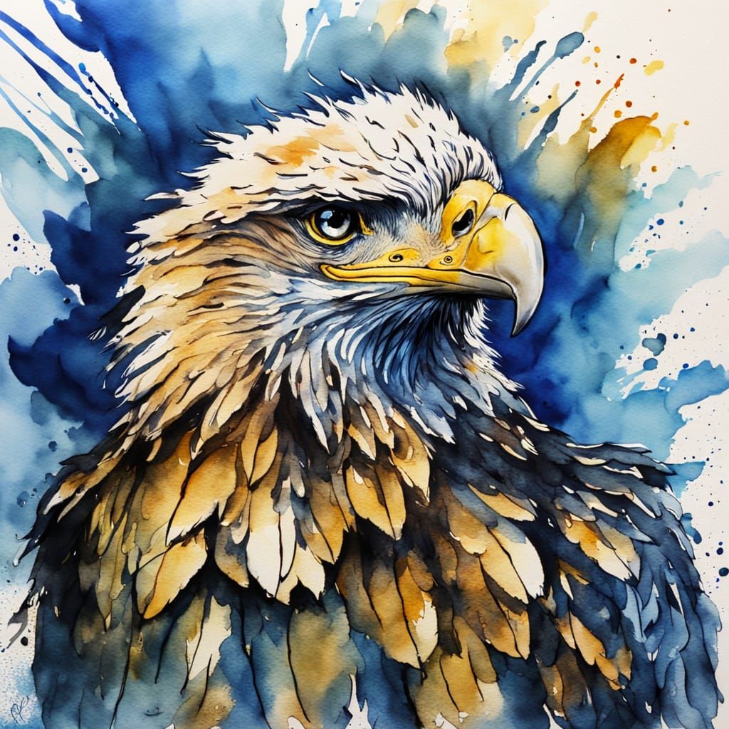 Angry Baby Eaglelet in Watercolor with Vibrant Blue Feathers
