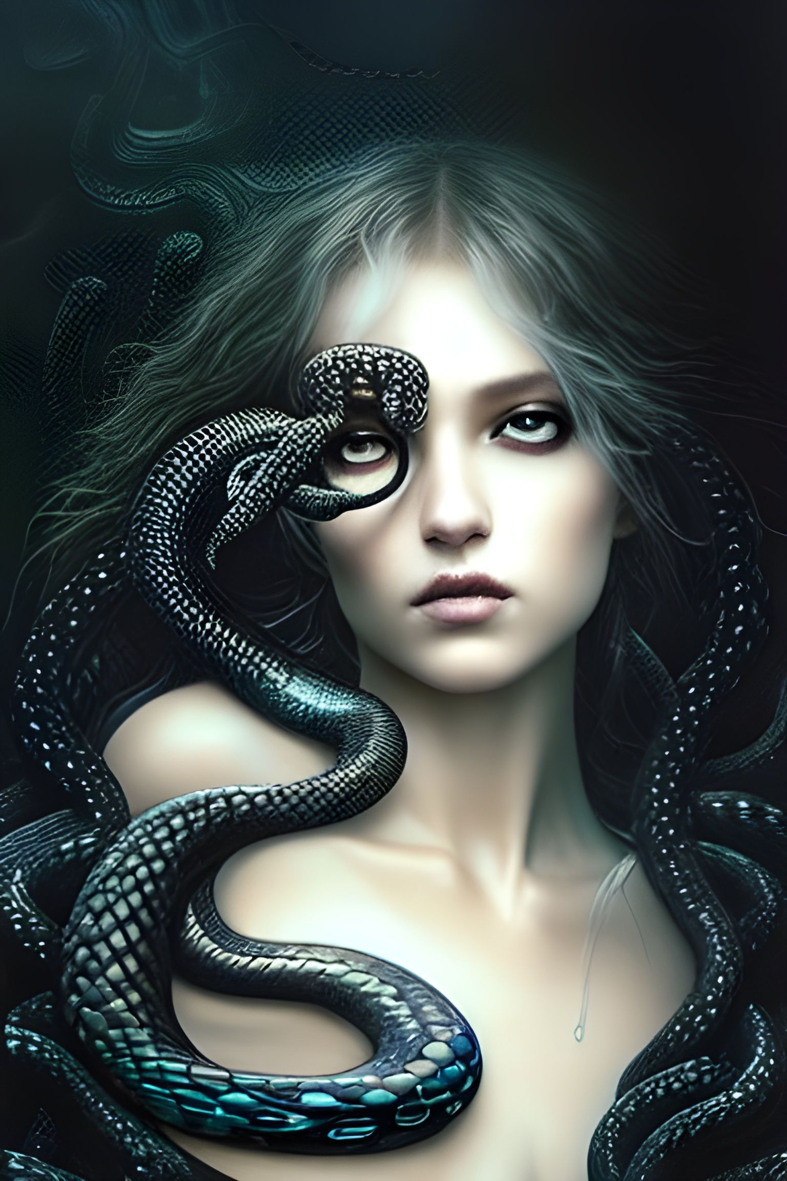 Poison Goddess with Snakes in Snowy Moonlight