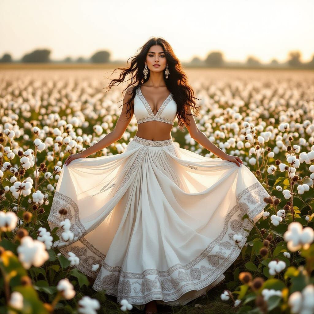 Indian Model in Cotton Field, Golden Hour Lighting