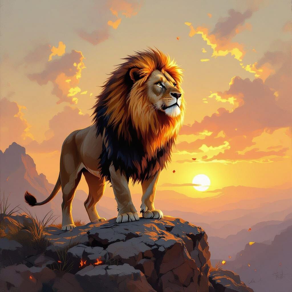 Lion with Fiery Mane in Dramatic Oil Painting Style