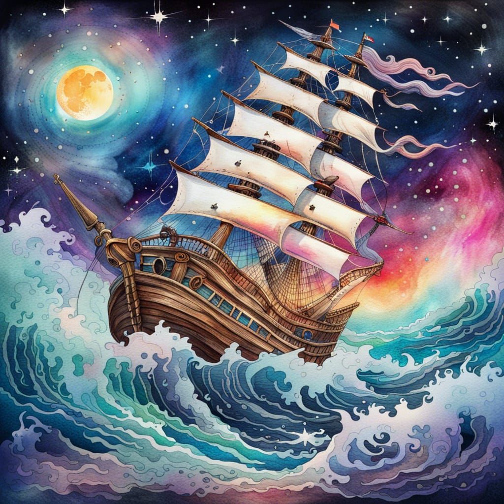 Cosmic Pirate Ship on Galactic Moonlit Sea