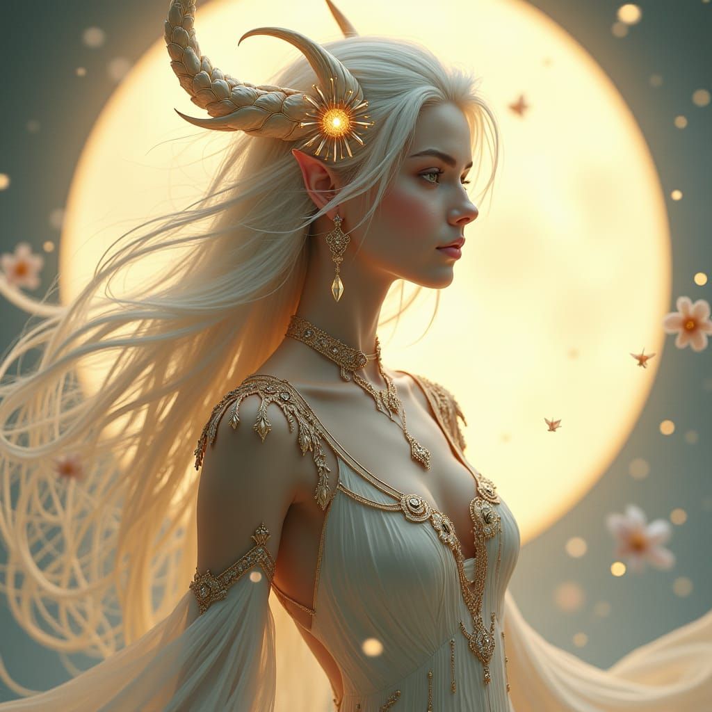 Ethereal Elven Lunar Priestess in Art Nouveau Style