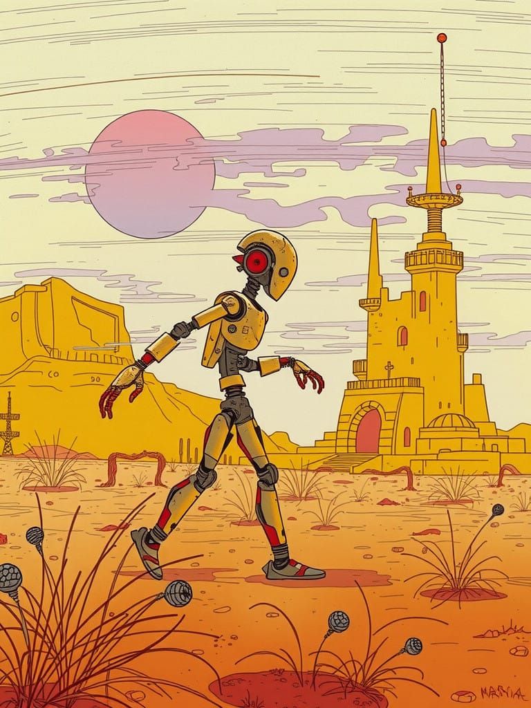 Abandoned Robot Amidst Arid Desert Landscapes in Futuristic...