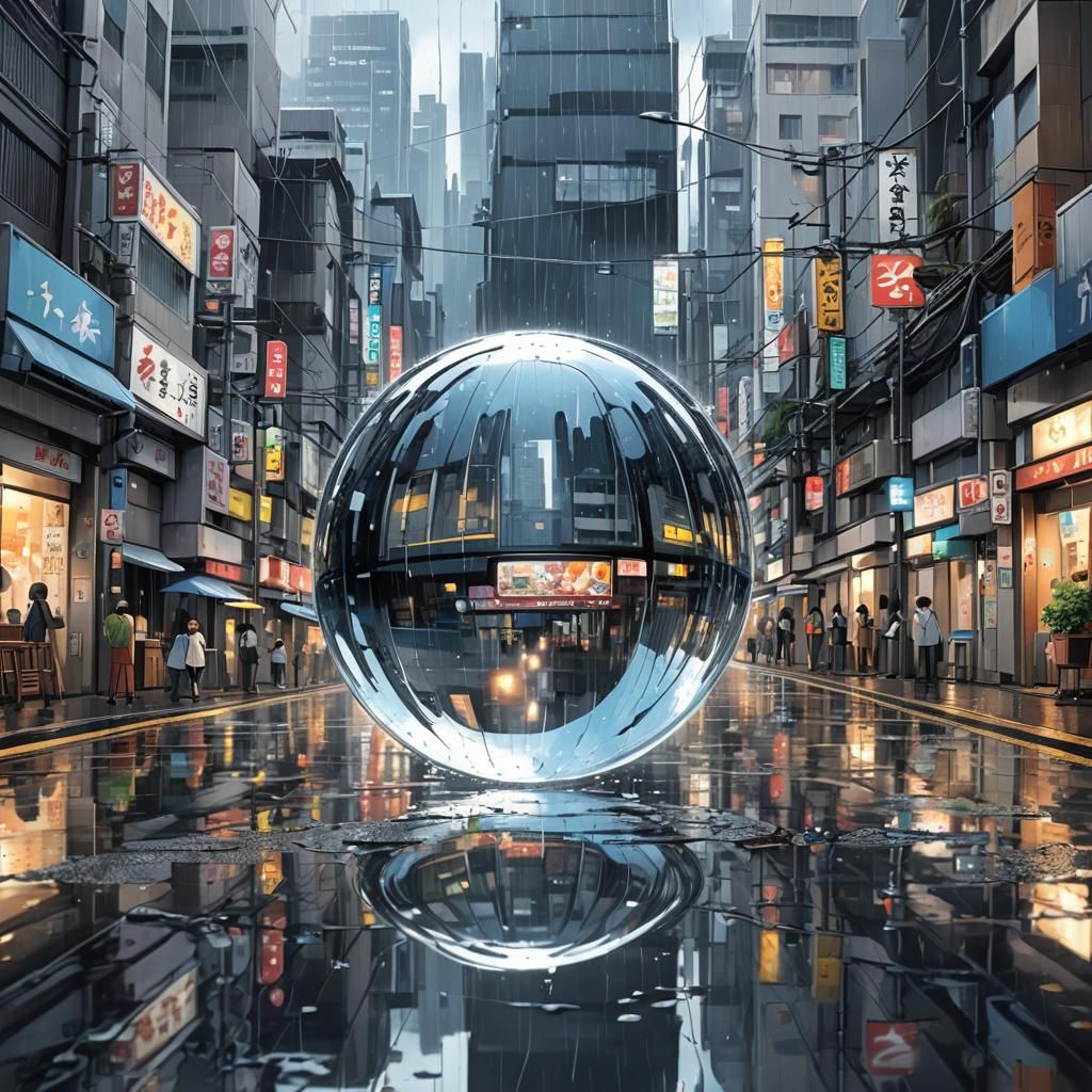 City Reflection in Raindrop: Anime Style Visual