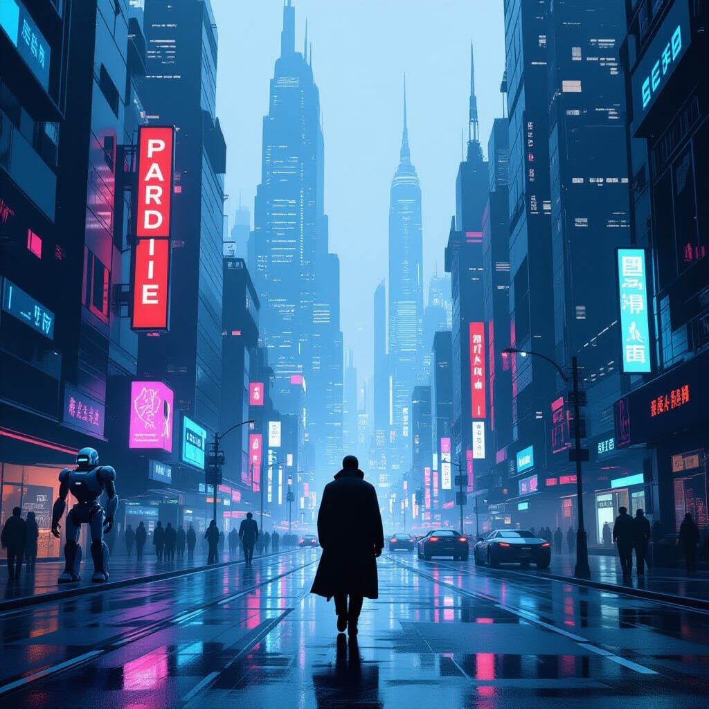 Dystopian Future: Solitary Figure in AI-Ruled City