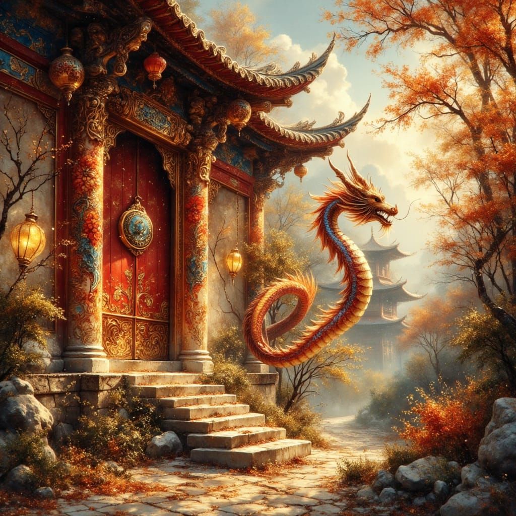 Dragon Ascending to Temple Door with Asian Motifs