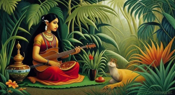 Snake Charmer in Jungle Clearing: Naive Art Oil Painting
