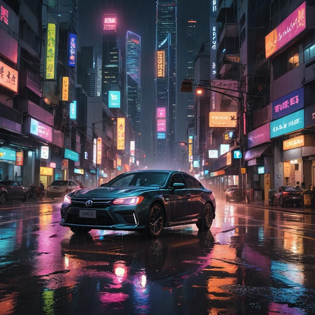 Neon-Lit Car Speeds Through Singapore Cityscape