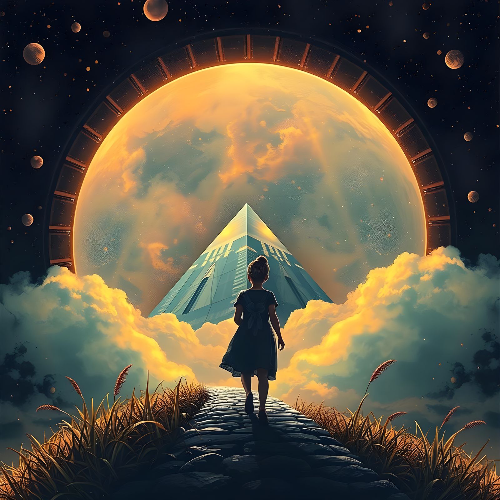 Girl Walks Towards an Intricate Portal