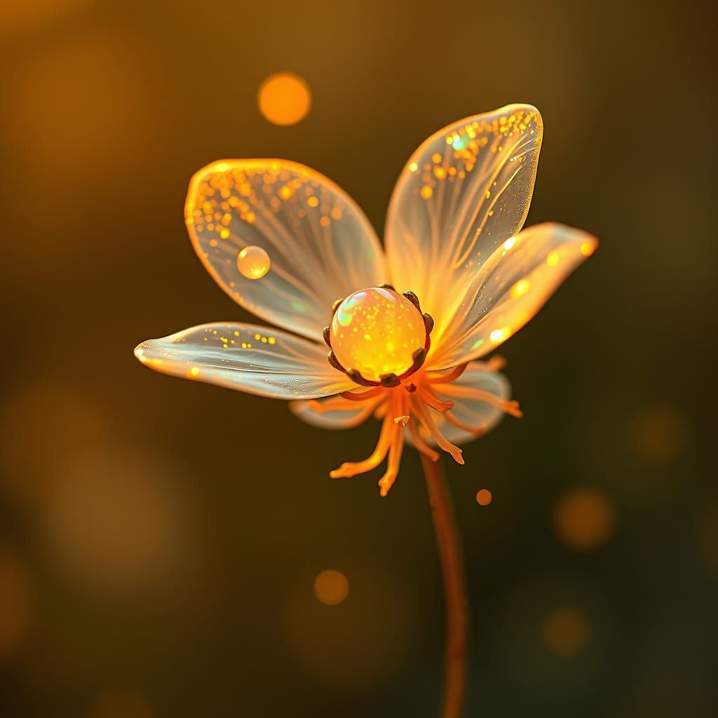 Whimsical Glass Flower with Fiery Core in Ethereal Style