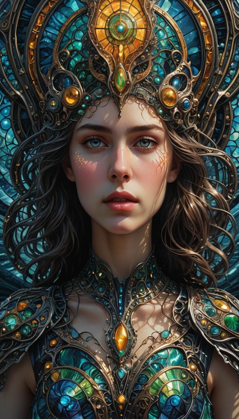 Ocean Woman in Biomechanical Stained Glass Style