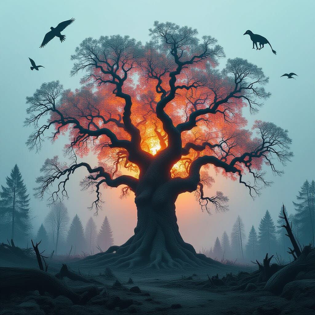 Ancient Tree's Silent Cry in Surreal Landscape