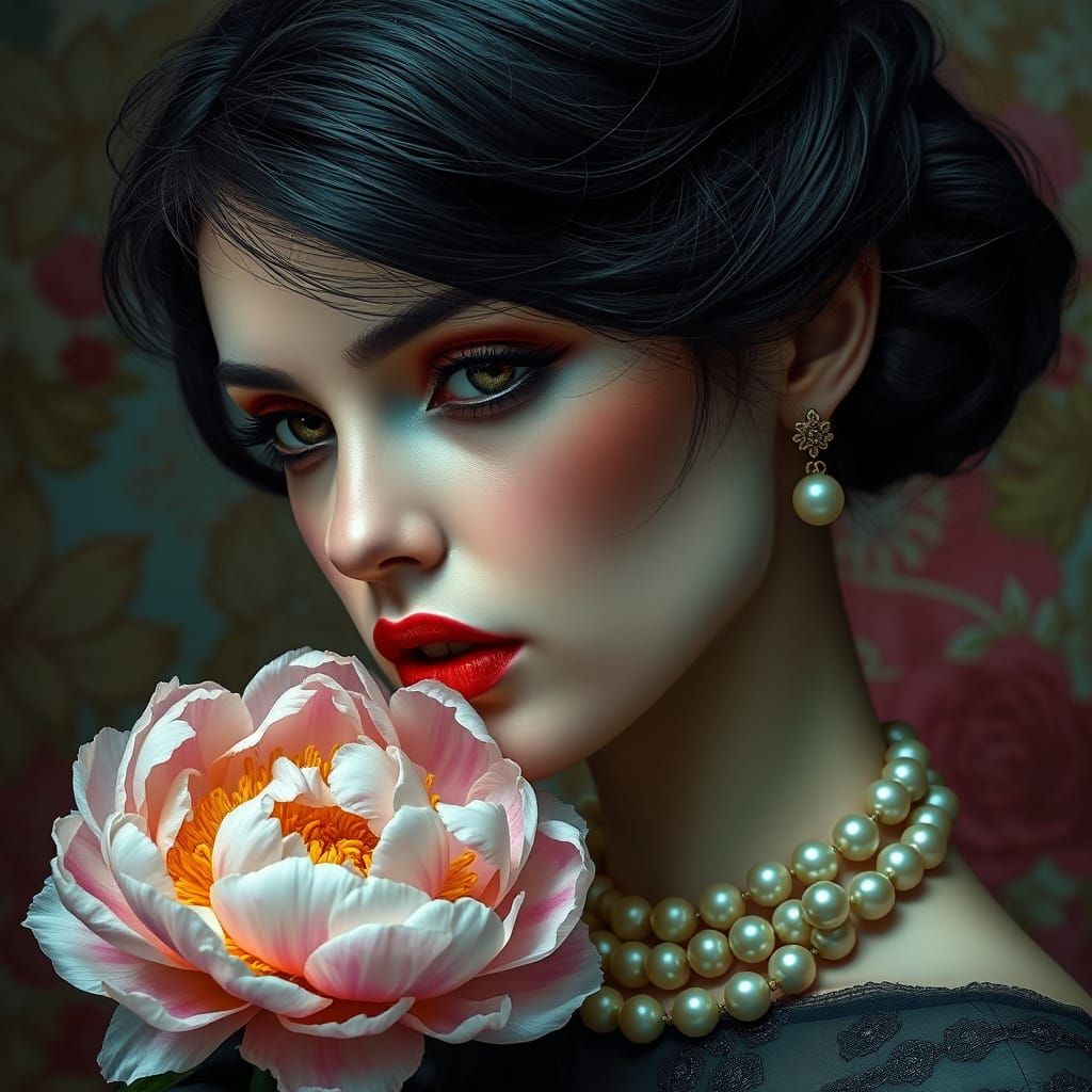 Woman with Peony in Splash Art Style