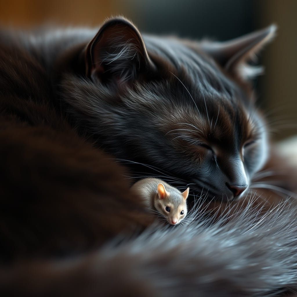 Tiny Mouse Curls Up for a Nap Against a Big Fat Black Cat