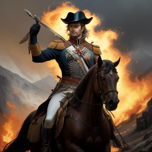 Napoleon on Horseback in Chaotic Battlefield, Oil Painting