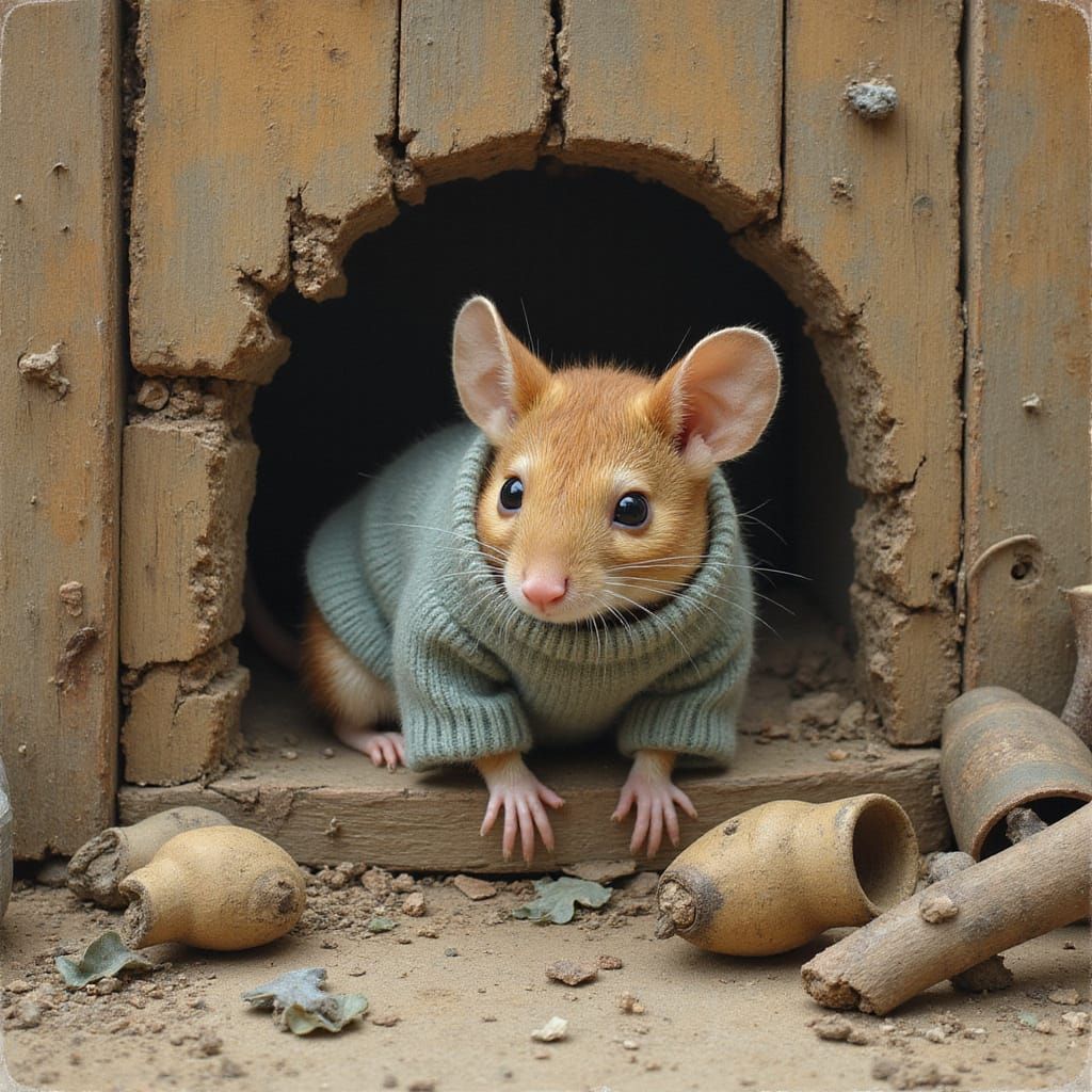 Mouse in Sweater Peeks Out, Classic Illustration