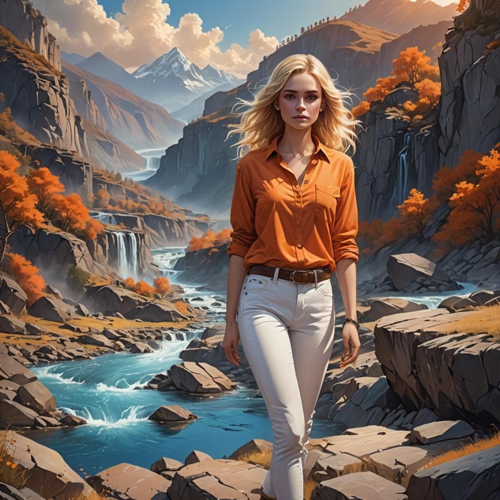 Blonde Woman in Orange Shirt, Fantasy Landscape, Detailed Ma...